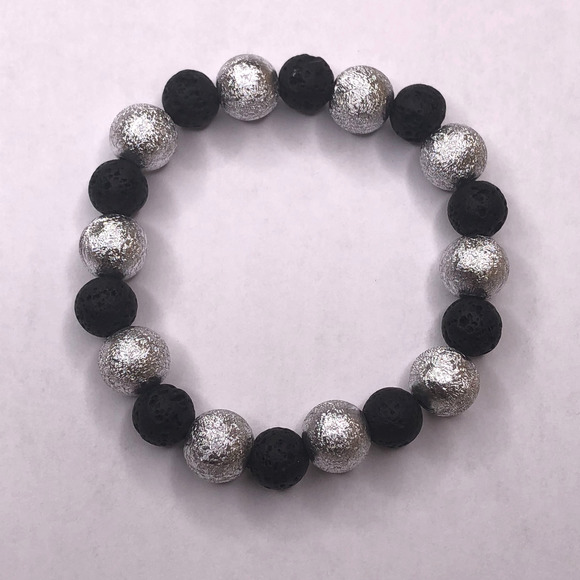 Silver and black round beaded stretch bracelet handmade available now - Picture 2 of 3